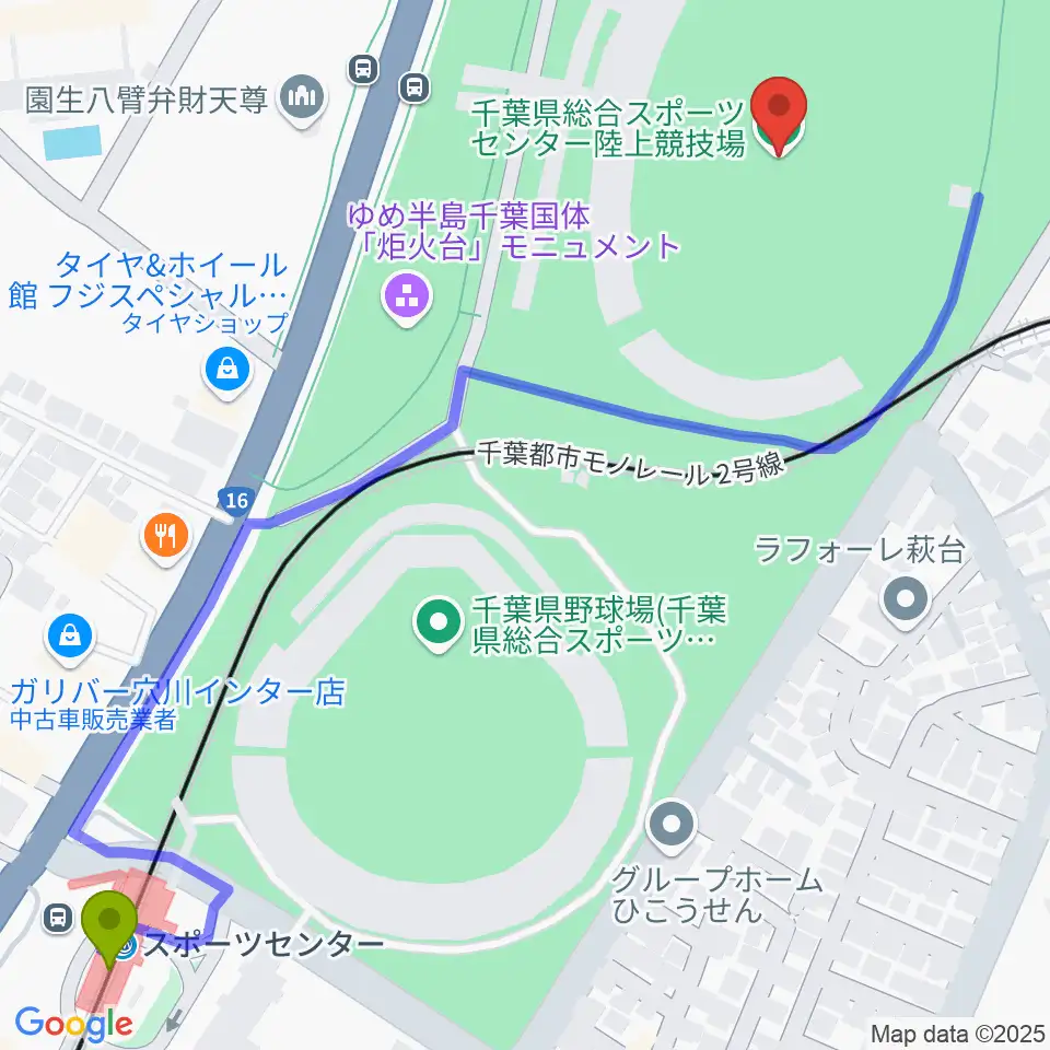 千葉県総合スポーツセンター陸上競技場の最寄駅スポーツセンター駅からの徒歩ルート（約8分）地図