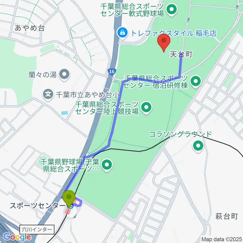 千葉県総合スポーツセンター第2陸上競技場の最寄駅スポーツセンター駅からの徒歩ルート（約12分）地図