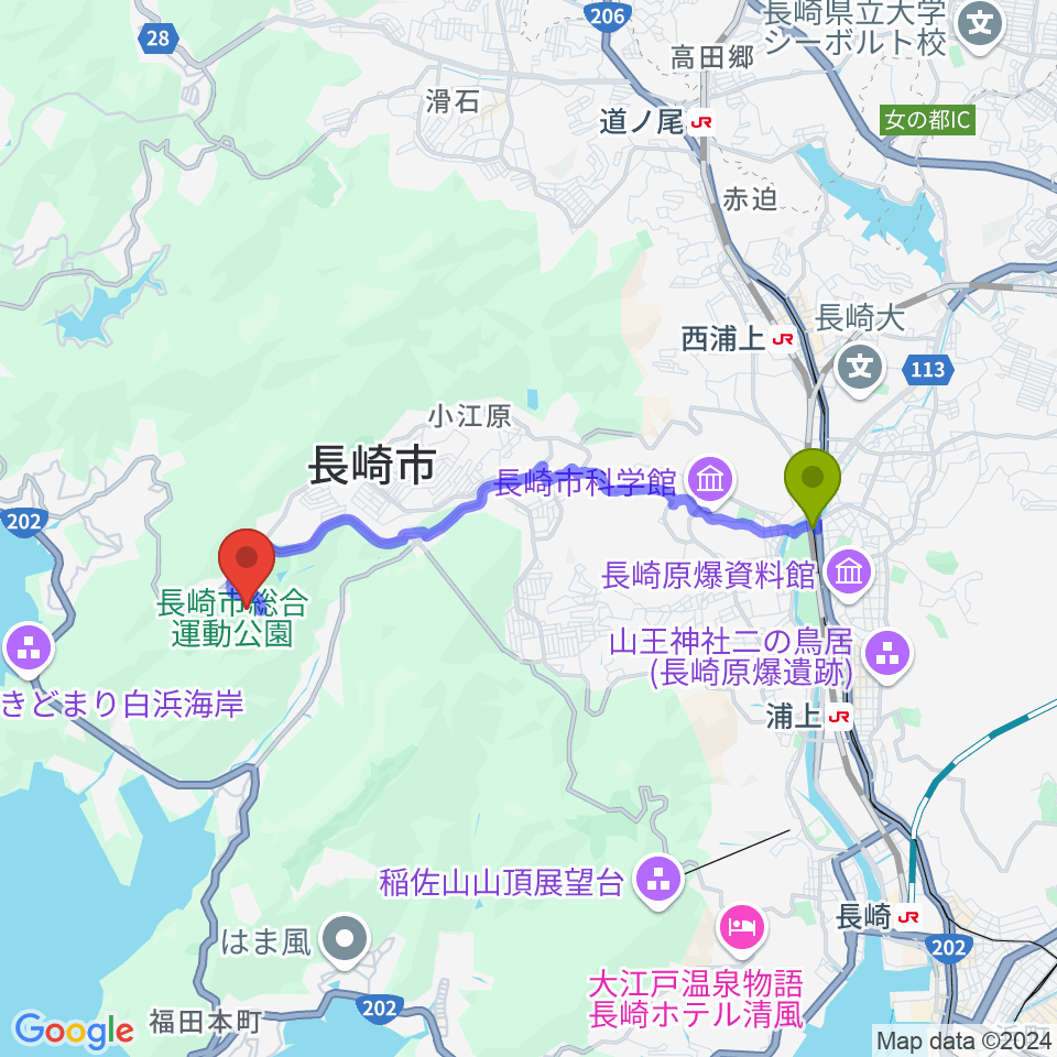 長崎市総合運動公園陸上競技場の最寄駅大橋駅からの徒歩ルート 約70分 Mdata