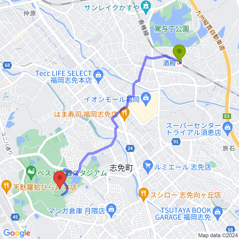 酒殿駅から東平尾公園博多の森陸上競技場へのルートマップ地図