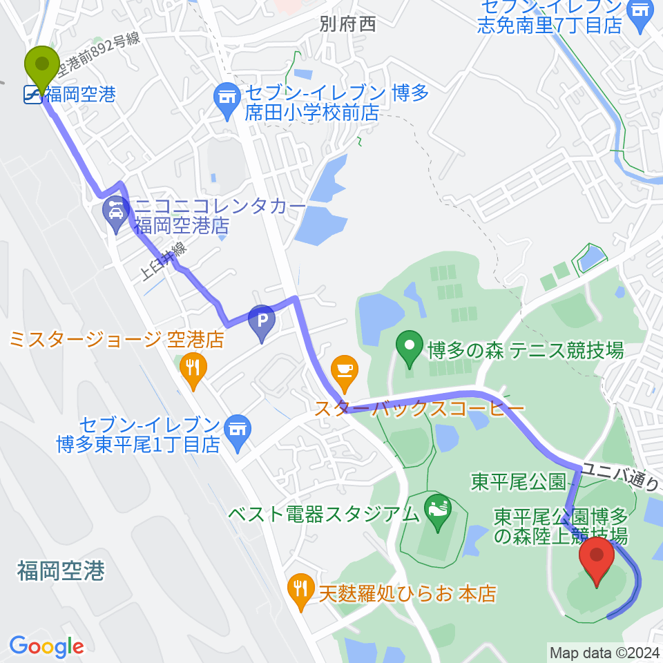 東平尾公園博多の森陸上競技場の最寄駅福岡空港駅からの徒歩ルート（約36分）地図