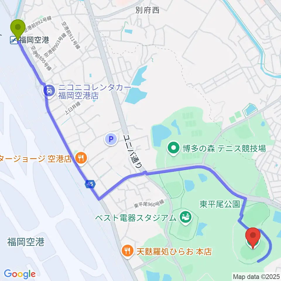 東平尾公園博多の森陸上競技場の最寄駅福岡空港駅からの徒歩ルート（約36分）地図