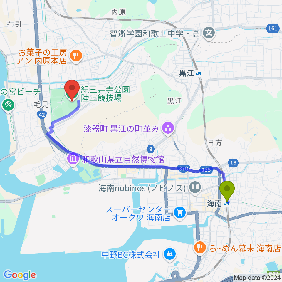 海南駅から紀三井寺公園陸上競技場へのルートマップ地図