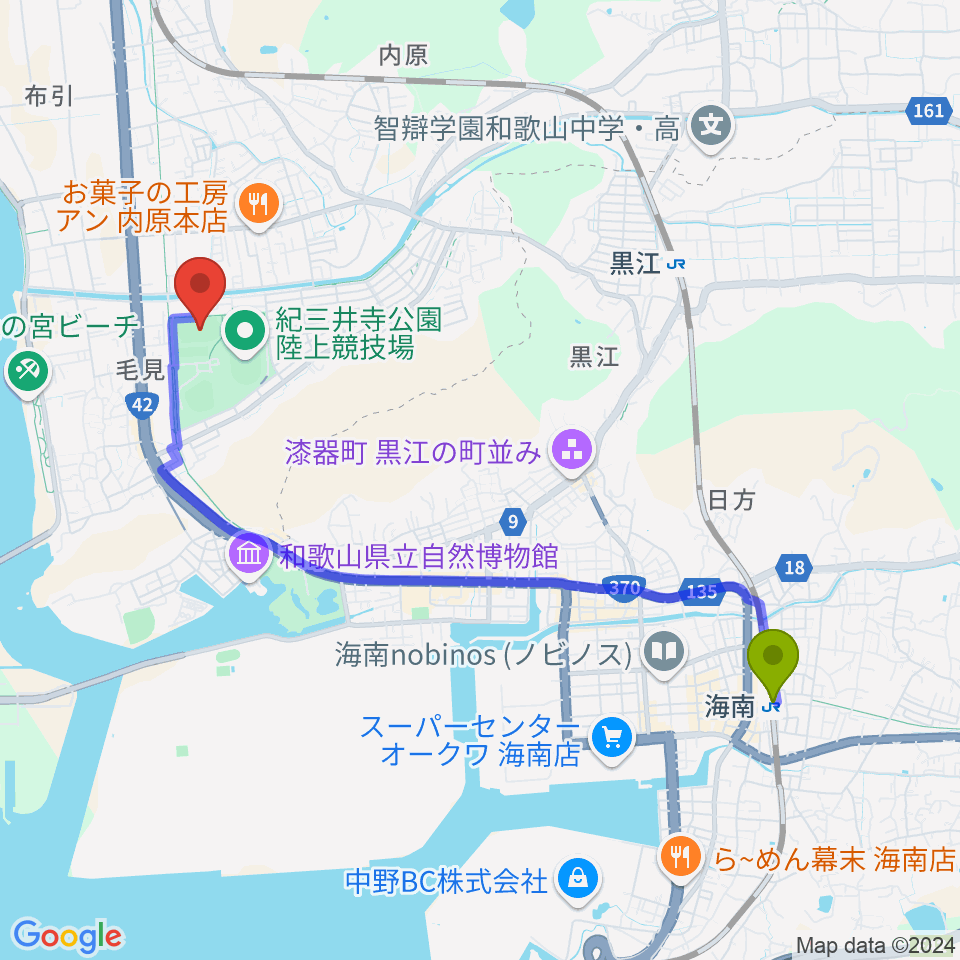 海南駅から紀三井寺公園球技場・補助競技場へのルートマップ地図