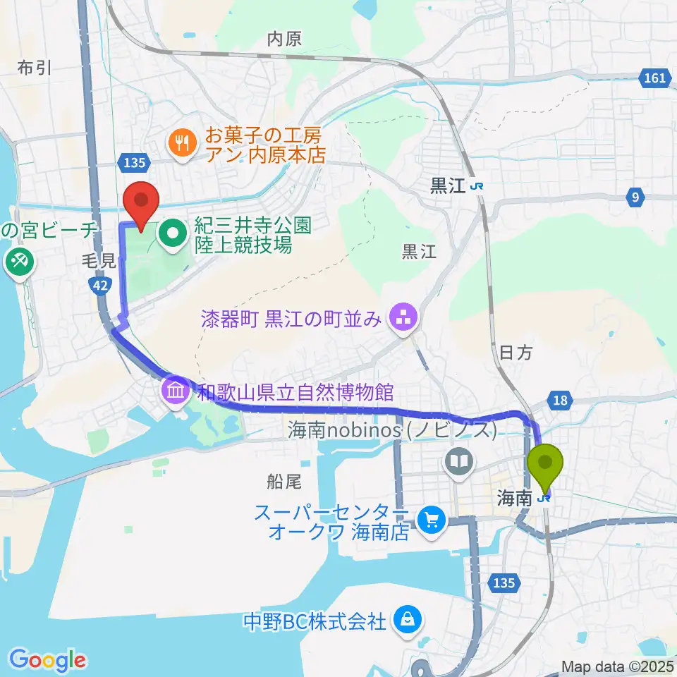 海南駅から紀三井寺公園球技場・補助競技場へのルートマップ地図
