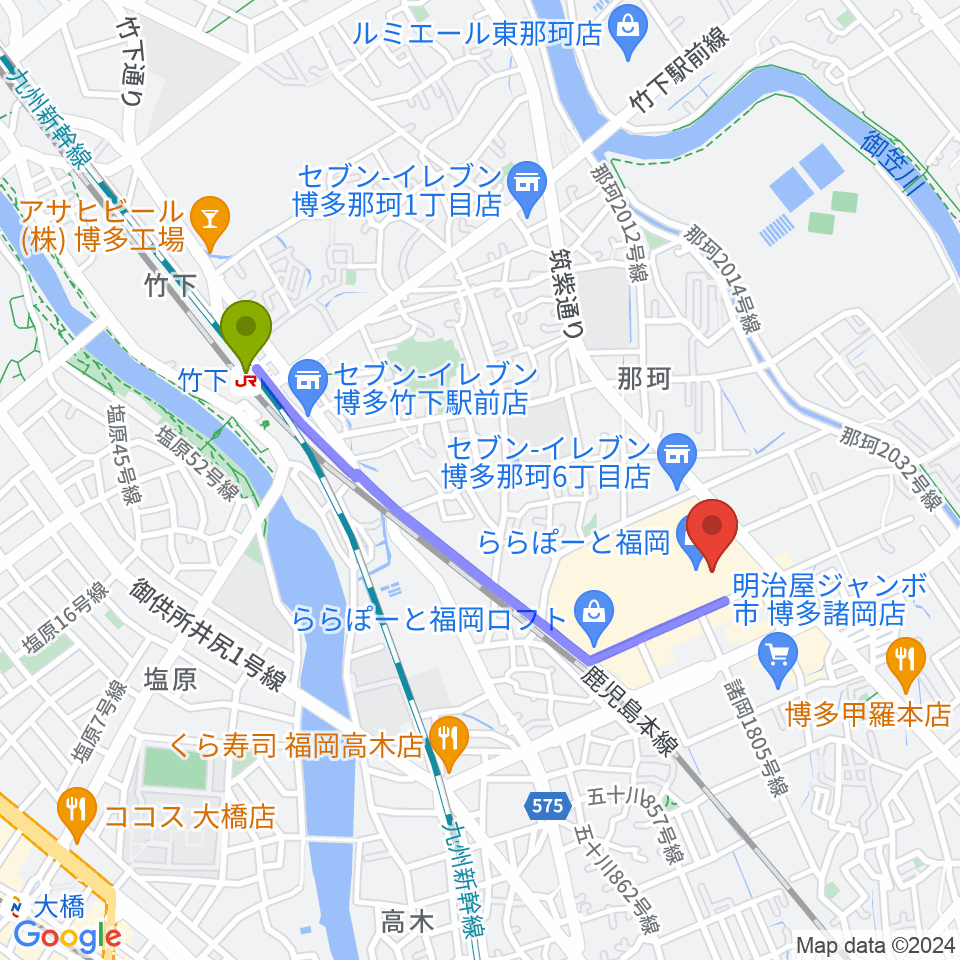 TOHOシネマズららぽーと福岡の最寄駅竹下駅からの徒歩ルート（約17分）地図