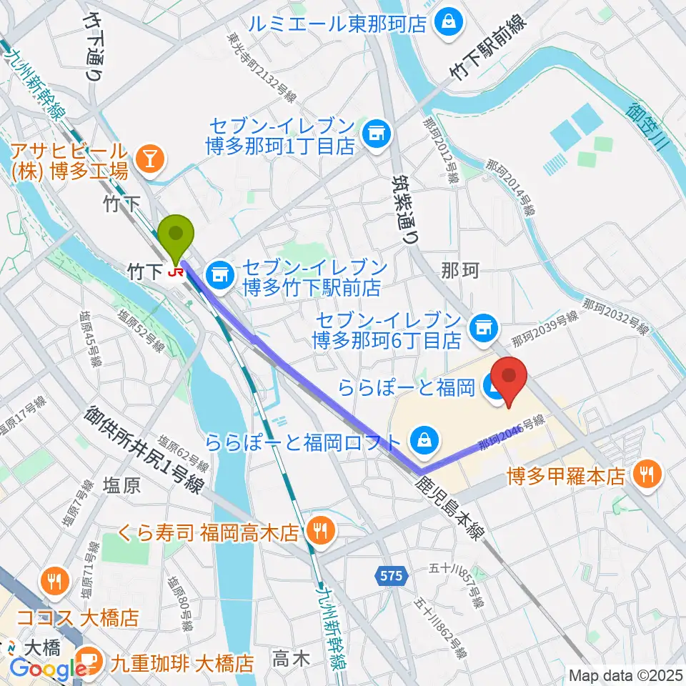 TOHOシネマズららぽーと福岡の最寄駅竹下駅からの徒歩ルート（約17分）地図