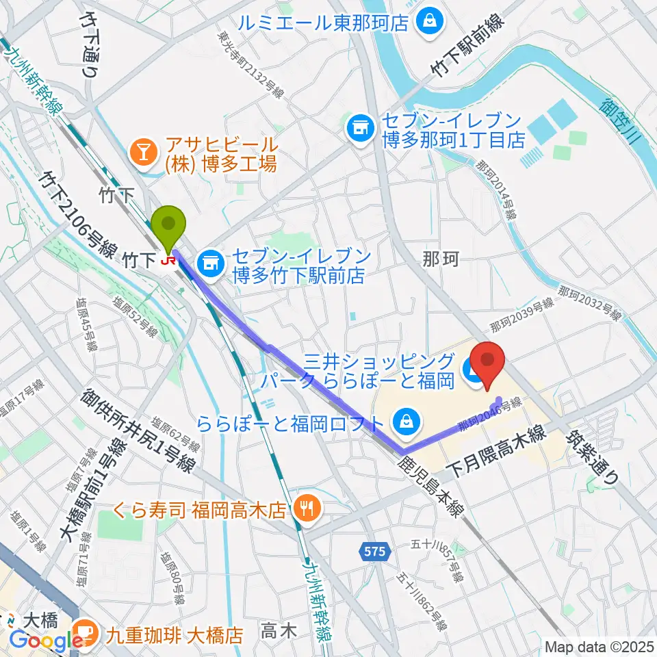 TOHOシネマズららぽーと福岡の最寄駅竹下駅からの徒歩ルート（約17分）地図