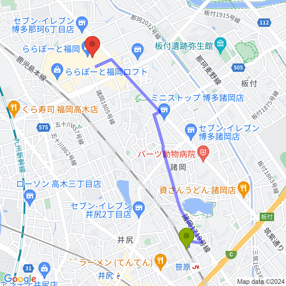 笹原駅からTOHOシネマズららぽーと福岡へのルートマップ地図