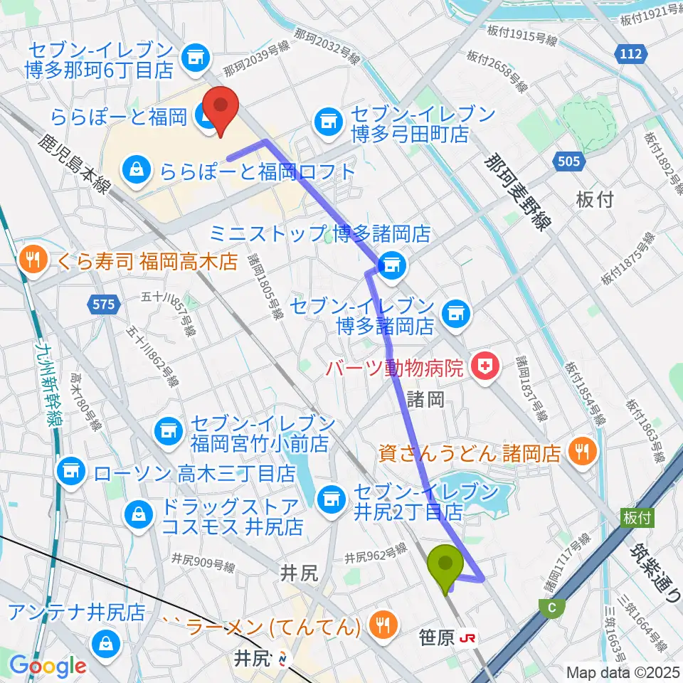 笹原駅からTOHOシネマズららぽーと福岡へのルートマップ地図