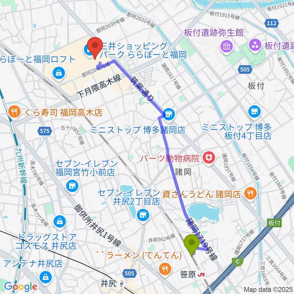 笹原駅からTOHOシネマズららぽーと福岡へのルートマップ地図