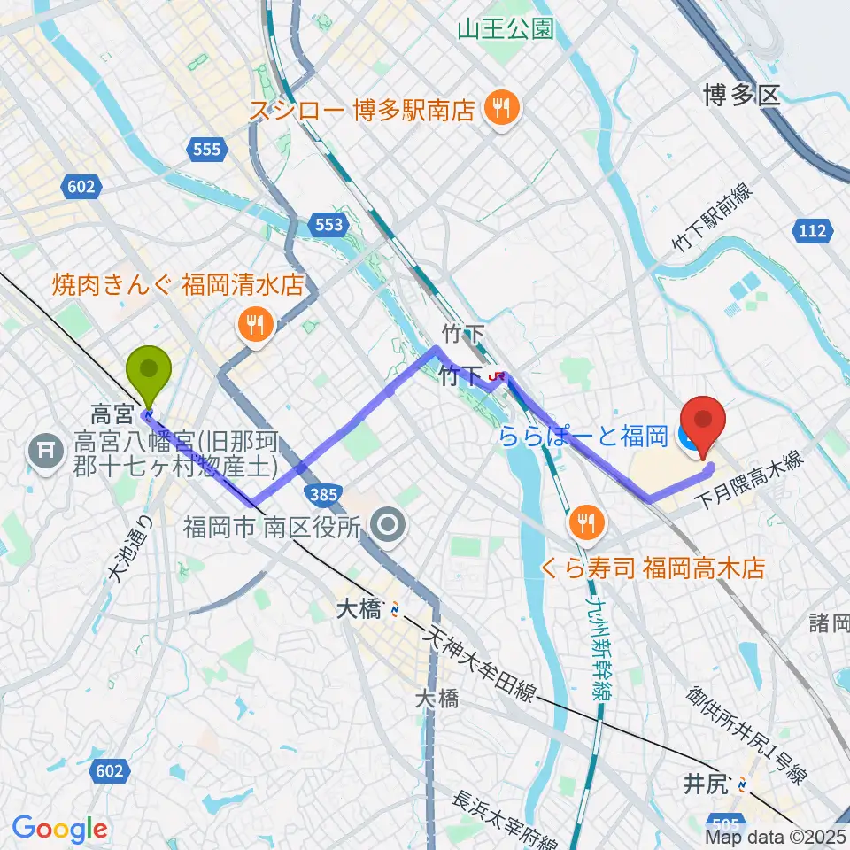 高宮駅からTOHOシネマズららぽーと福岡へのルートマップ地図