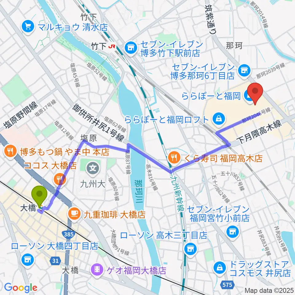 大橋駅からTOHOシネマズららぽーと福岡へのルートマップ地図