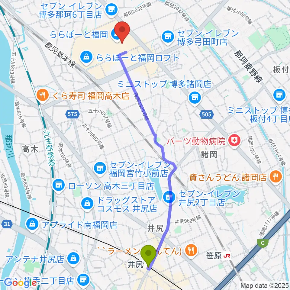 井尻駅からTOHOシネマズららぽーと福岡へのルートマップ地図