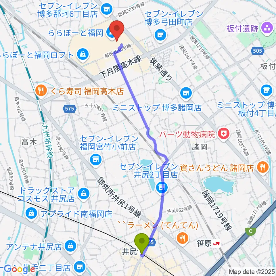 井尻駅からTOHOシネマズららぽーと福岡へのルートマップ地図
