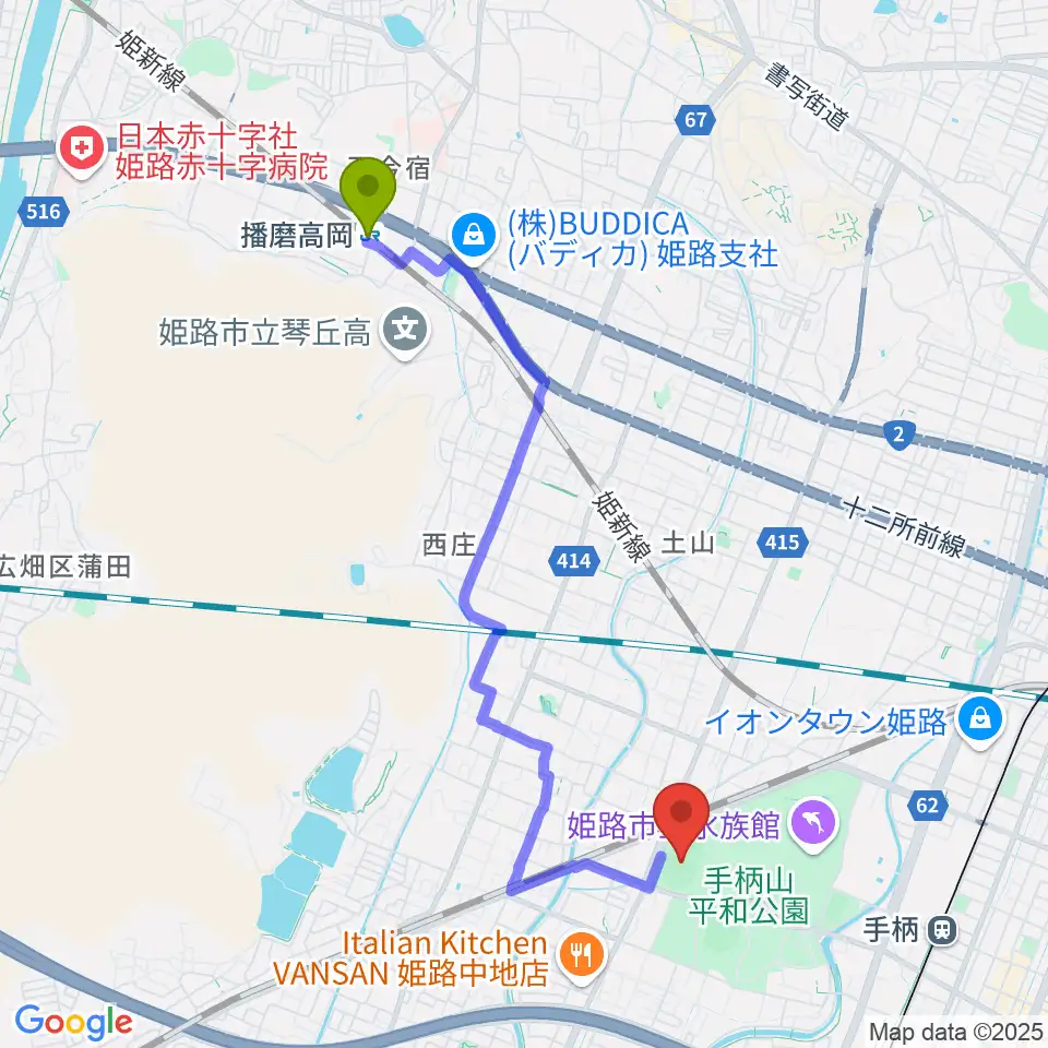 播磨高岡駅からウインク陸上競技場へのルートマップ地図