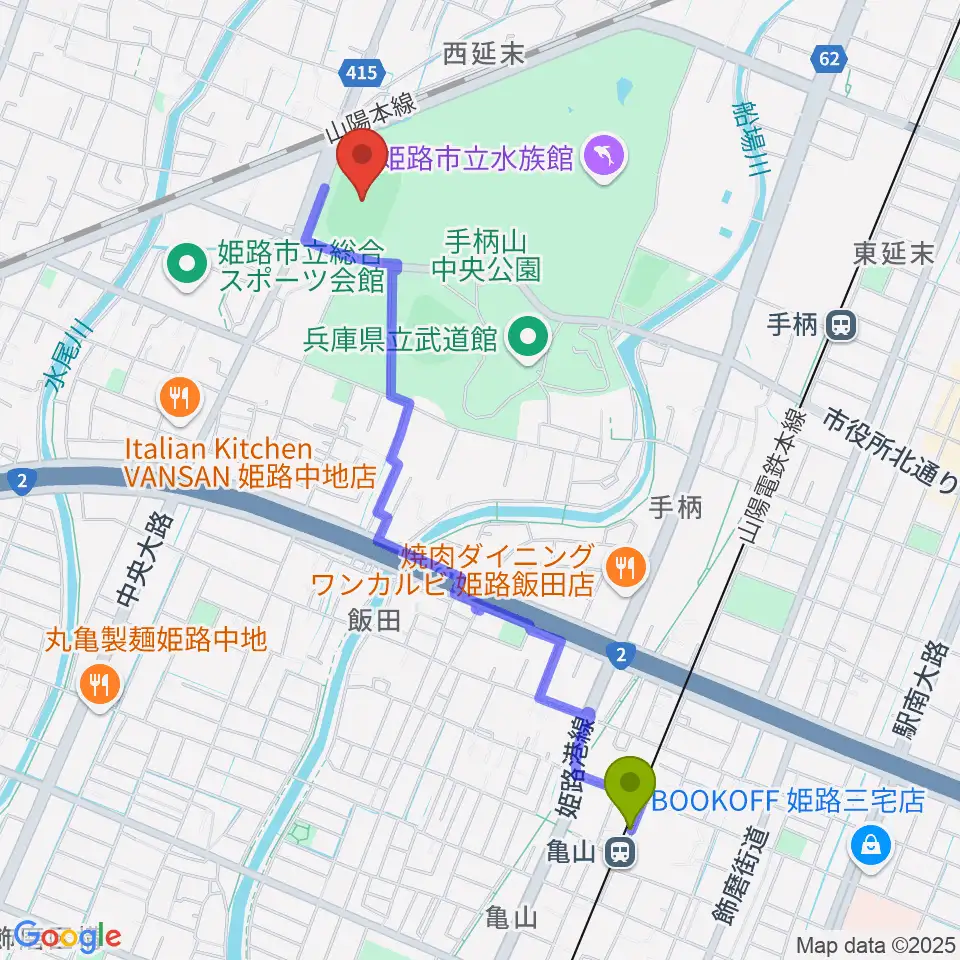亀山駅からウインク陸上競技場へのルートマップ地図