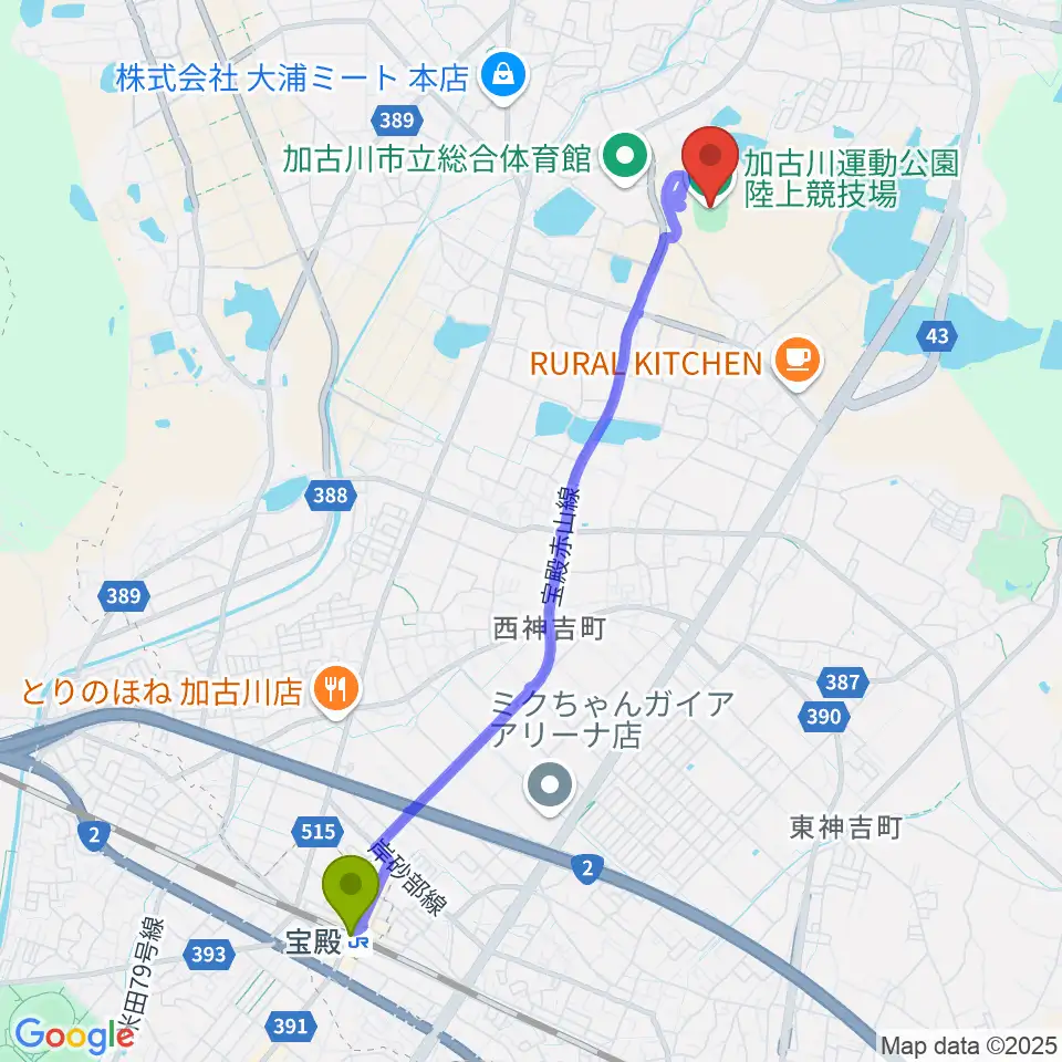 SHOWAグループ陸上競技場の最寄駅宝殿駅からの徒歩ルート（約48分）地図