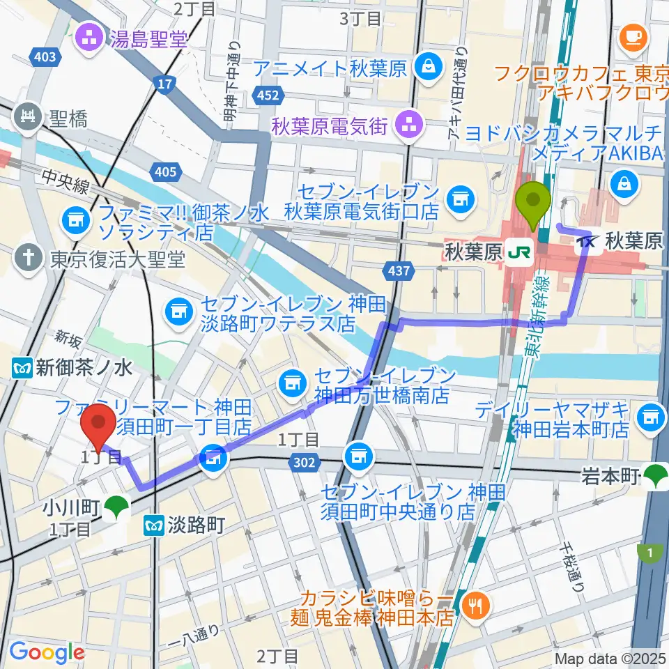 秋葉原駅から宮地楽器神田お茶の水ホールへのルートマップ地図