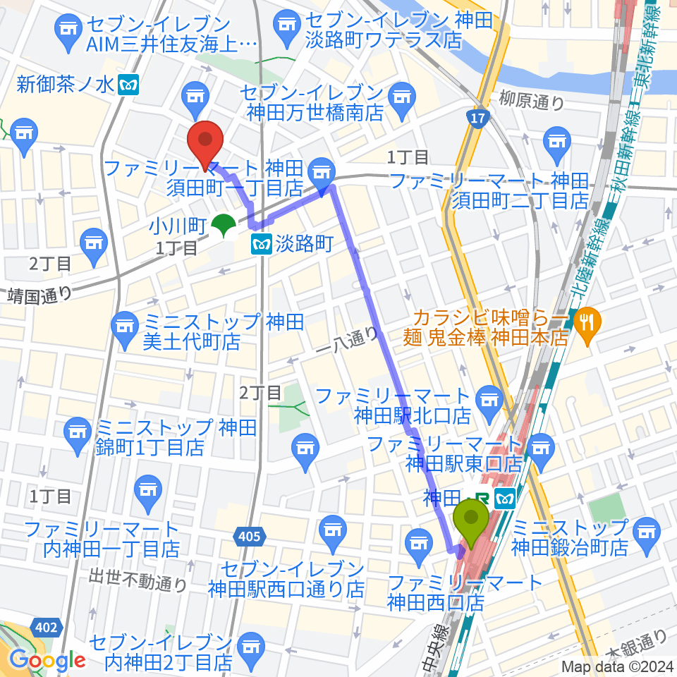 神田駅から宮地楽器神田お茶の水ホールへのルートマップ地図