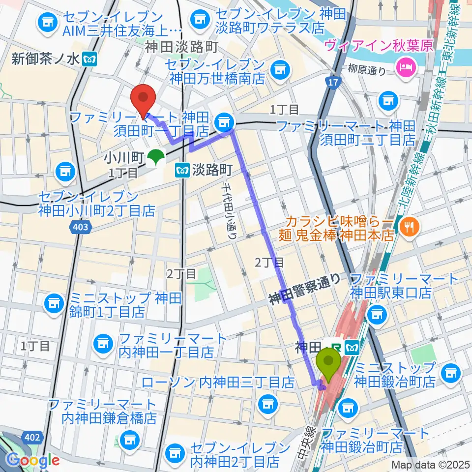 神田駅から宮地楽器神田お茶の水ホールへのルートマップ地図