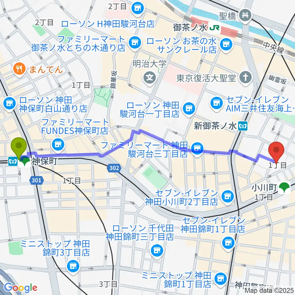 神保町駅から宮地楽器神田お茶の水ホールへのルートマップ地図