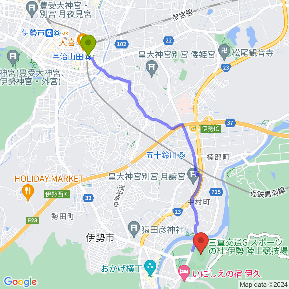 宇治山田駅から三重交通Gスポーツの杜伊勢陸上競技場へのルートマップ地図