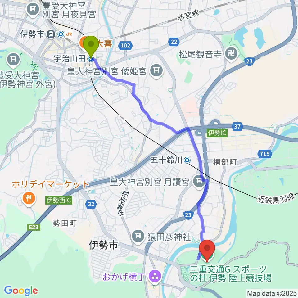 宇治山田駅から三重交通Gスポーツの杜伊勢陸上競技場へのルートマップ地図