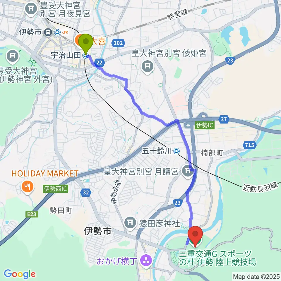 宇治山田駅から三重交通Gスポーツの杜伊勢陸上競技場へのルートマップ地図