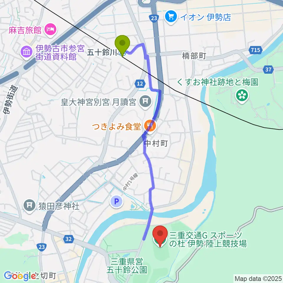 三重交通Gスポーツの杜伊勢陸上競技場の最寄駅五十鈴川駅からの徒歩ルート（約22分）地図