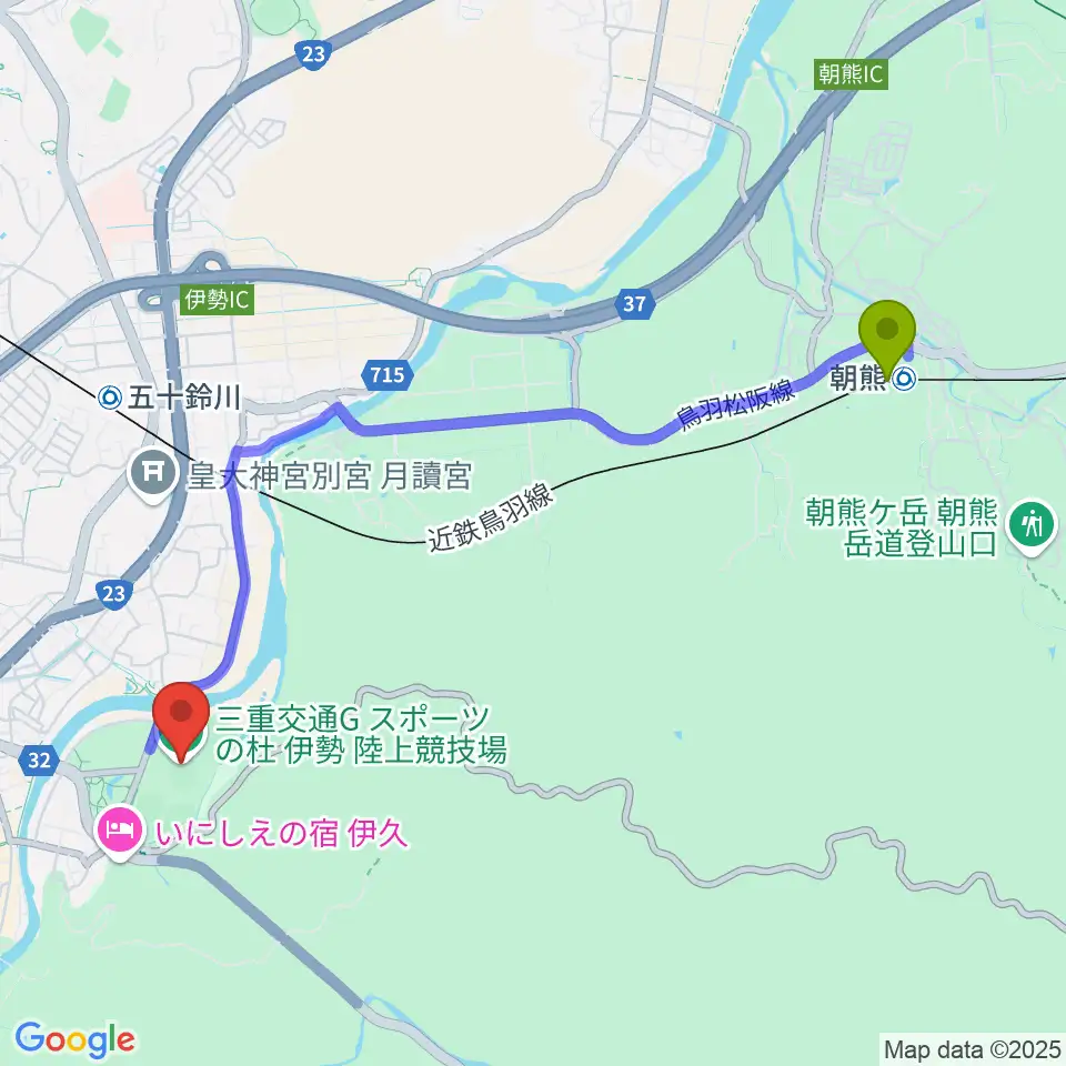 朝熊駅から三重交通Gスポーツの杜伊勢陸上競技場へのルートマップ地図