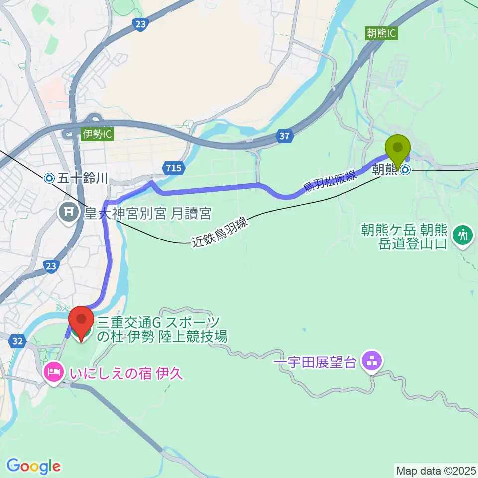 朝熊駅から三重交通Gスポーツの杜伊勢陸上競技場へのルートマップ地図