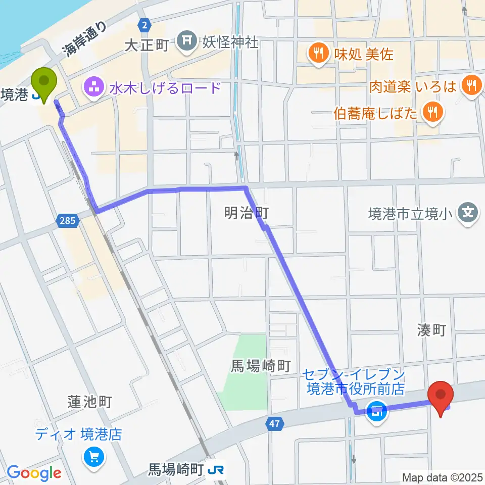 境港駅からみなとテラス 境港市民交流センターへのルートマップ地図