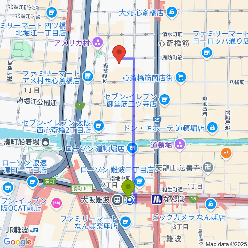 大阪難波駅からスタジオマックス アメ村店へのルートマップ地図