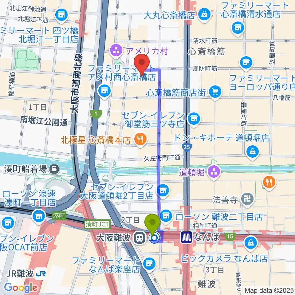 大阪難波駅からスタジオマックス アメ村店へのルートマップ地図