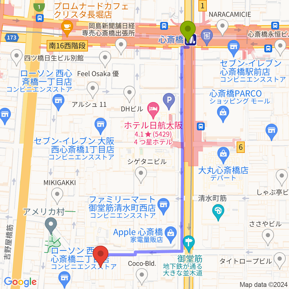 心斎橋駅からスタジオマックス アメ村店へのルートマップ地図