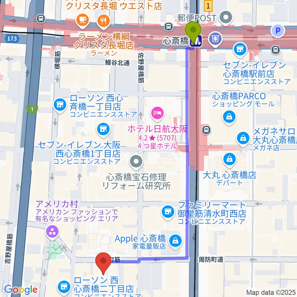 心斎橋駅からスタジオマックス アメ村店へのルートマップ地図