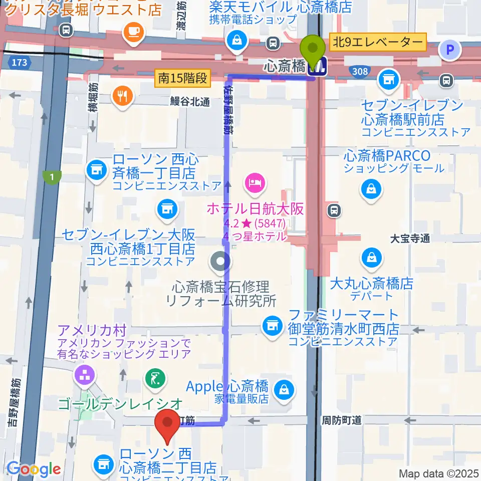 心斎橋駅からスタジオマックス アメ村店へのルートマップ地図