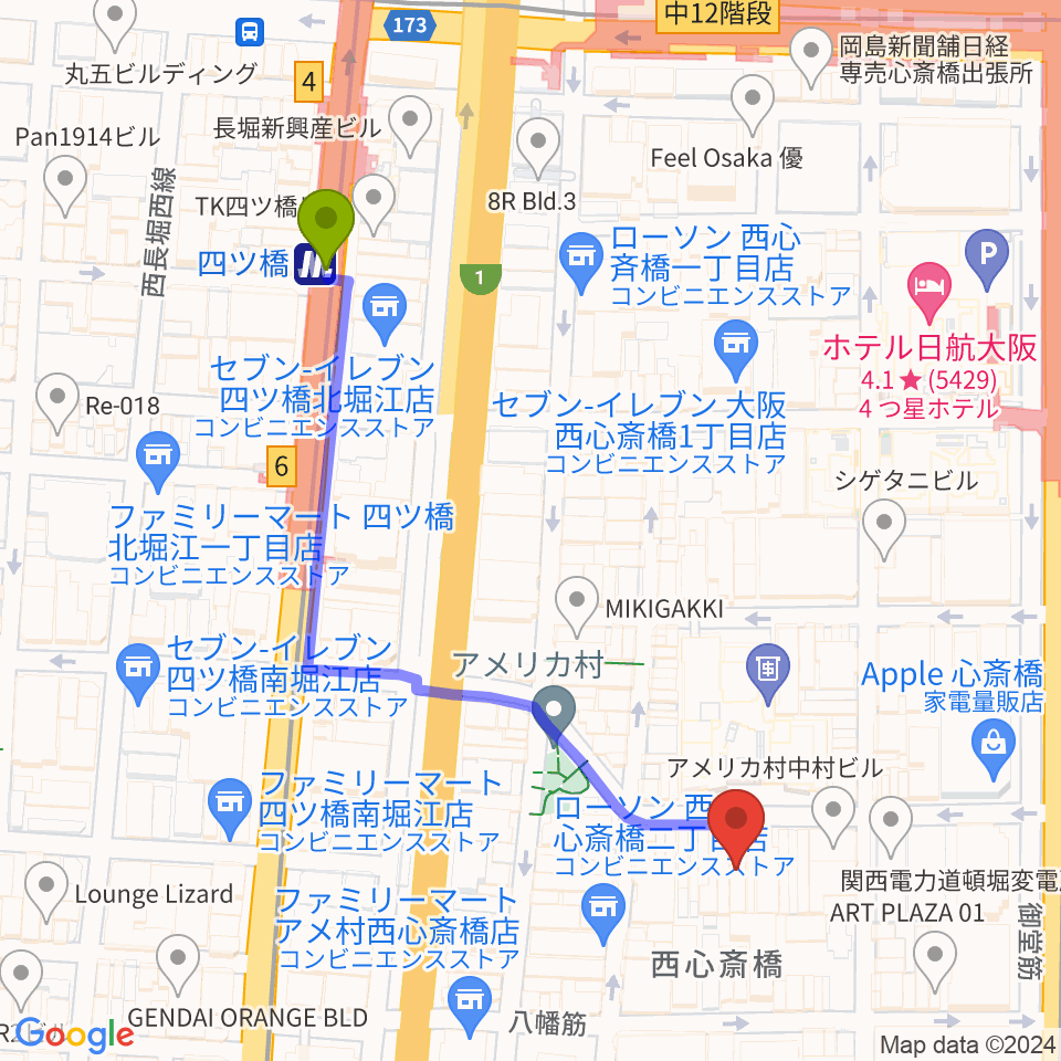 スタジオマックス アメ村店の最寄駅四ツ橋駅からの徒歩ルート（約5分）地図
