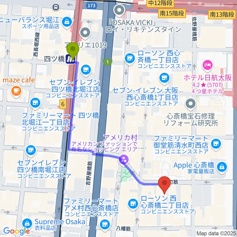 スタジオマックス アメ村店の最寄駅四ツ橋駅からの徒歩ルート（約5分）地図