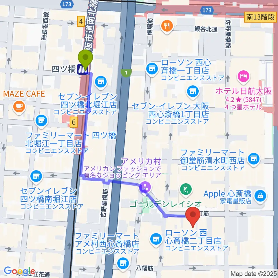 スタジオマックス アメ村店の最寄駅四ツ橋駅からの徒歩ルート（約5分）地図