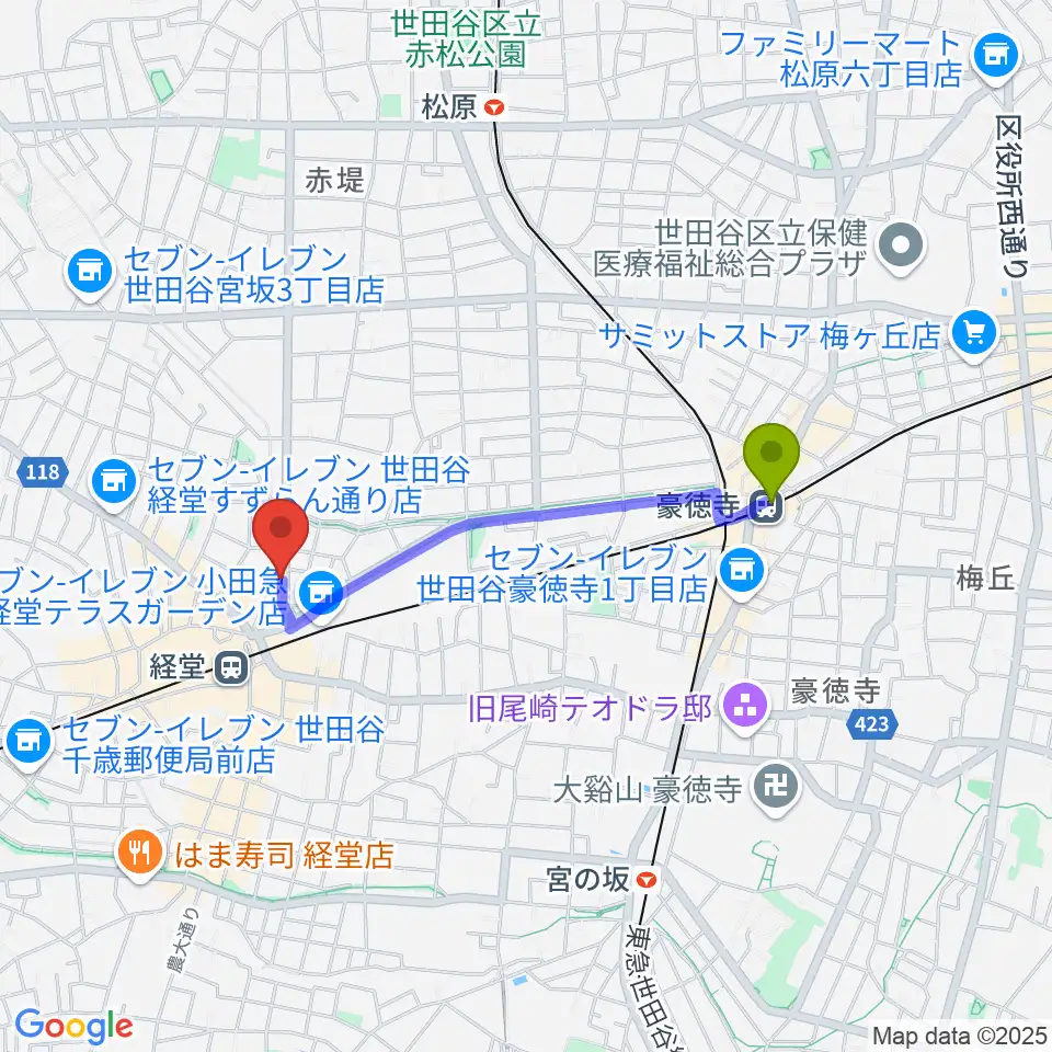 豪徳寺駅からタッドポウルスタジオ経堂へのルートマップ地図