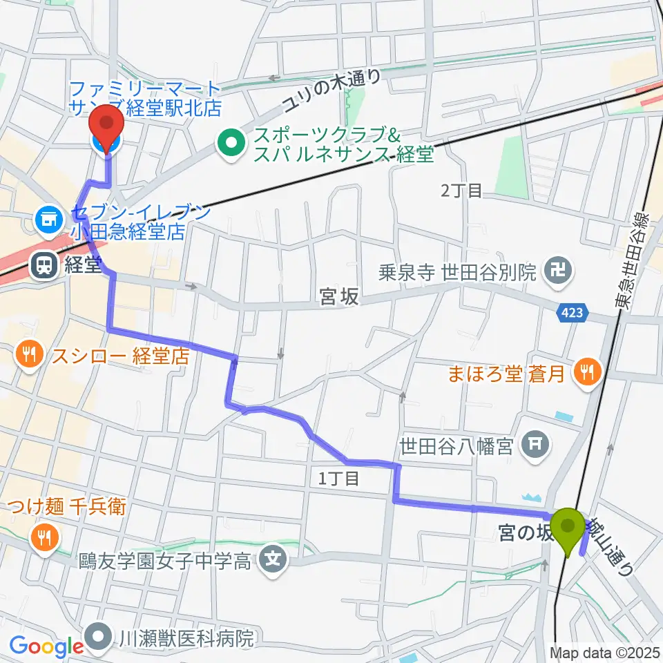 宮の坂駅からタッドポウルスタジオ経堂へのルートマップ地図