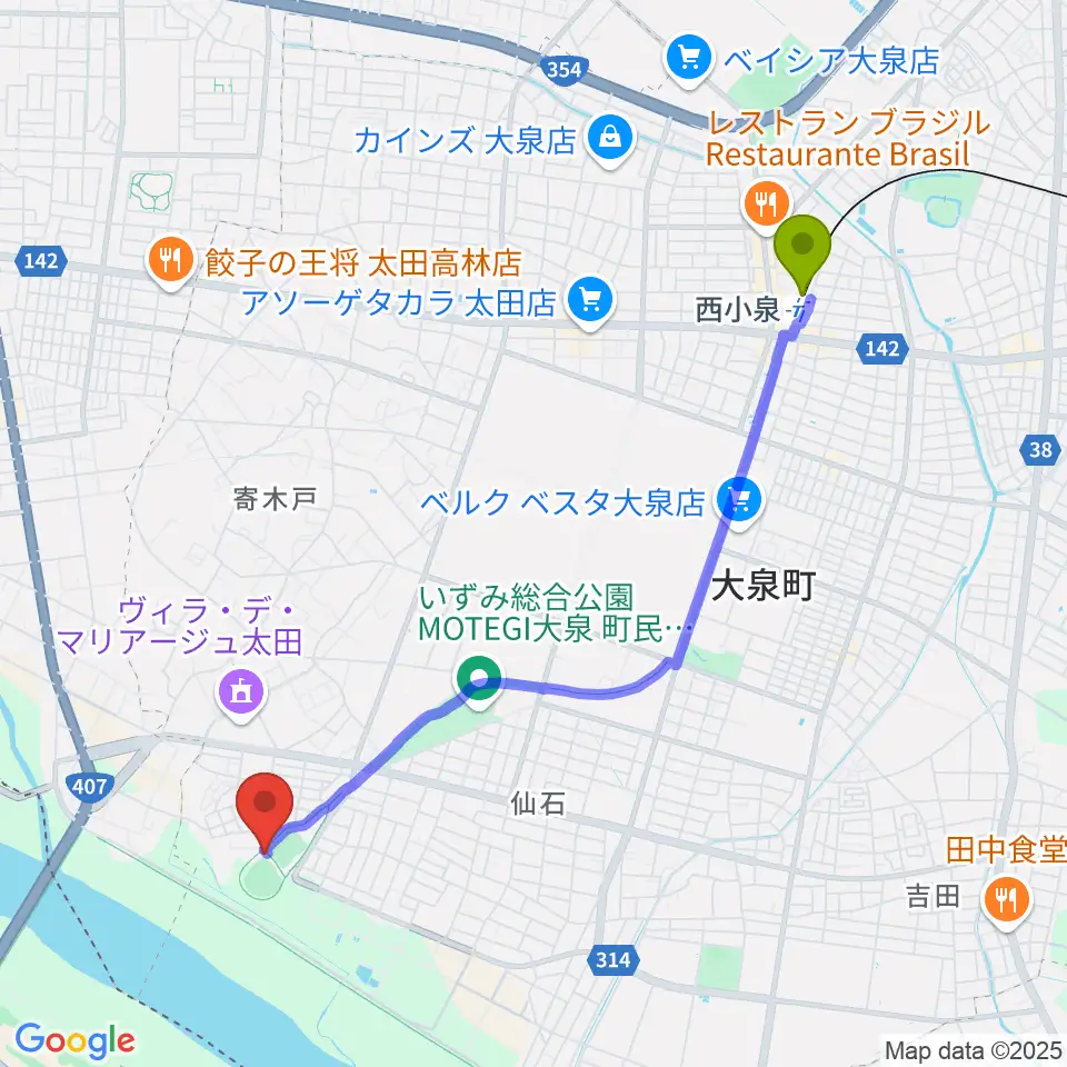 いずみ総合公園ワカキヤ大泉町民野球場の最寄駅西小泉駅からの徒歩ルート（約45分）地図