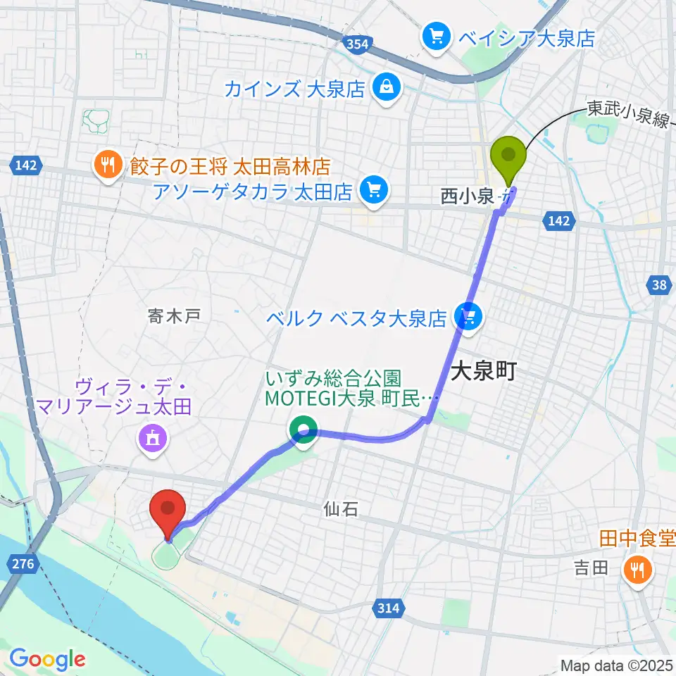 いずみ総合公園ワカキヤ大泉町民野球場の最寄駅西小泉駅からの徒歩ルート（約45分）地図