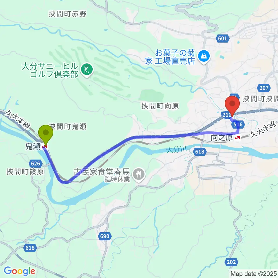 鬼瀬駅からはさま未来館DENKENホールへのルートマップ地図