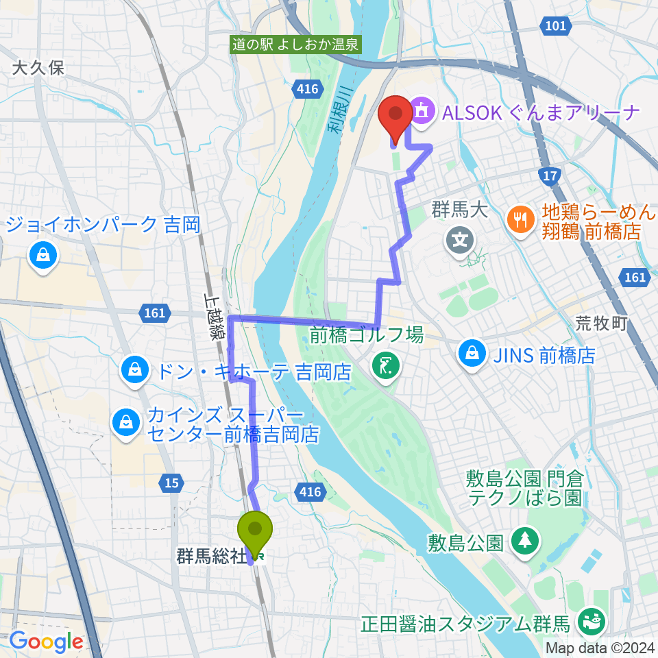 ALSOKぐんまサブアリーナの最寄駅群馬総社駅からの徒歩ルート（約41分）地図