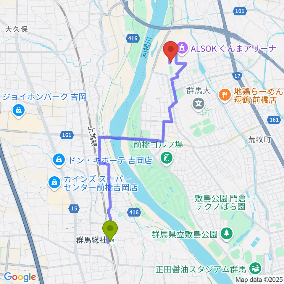 ALSOKぐんまサブアリーナの最寄駅群馬総社駅からの徒歩ルート（約41分）地図