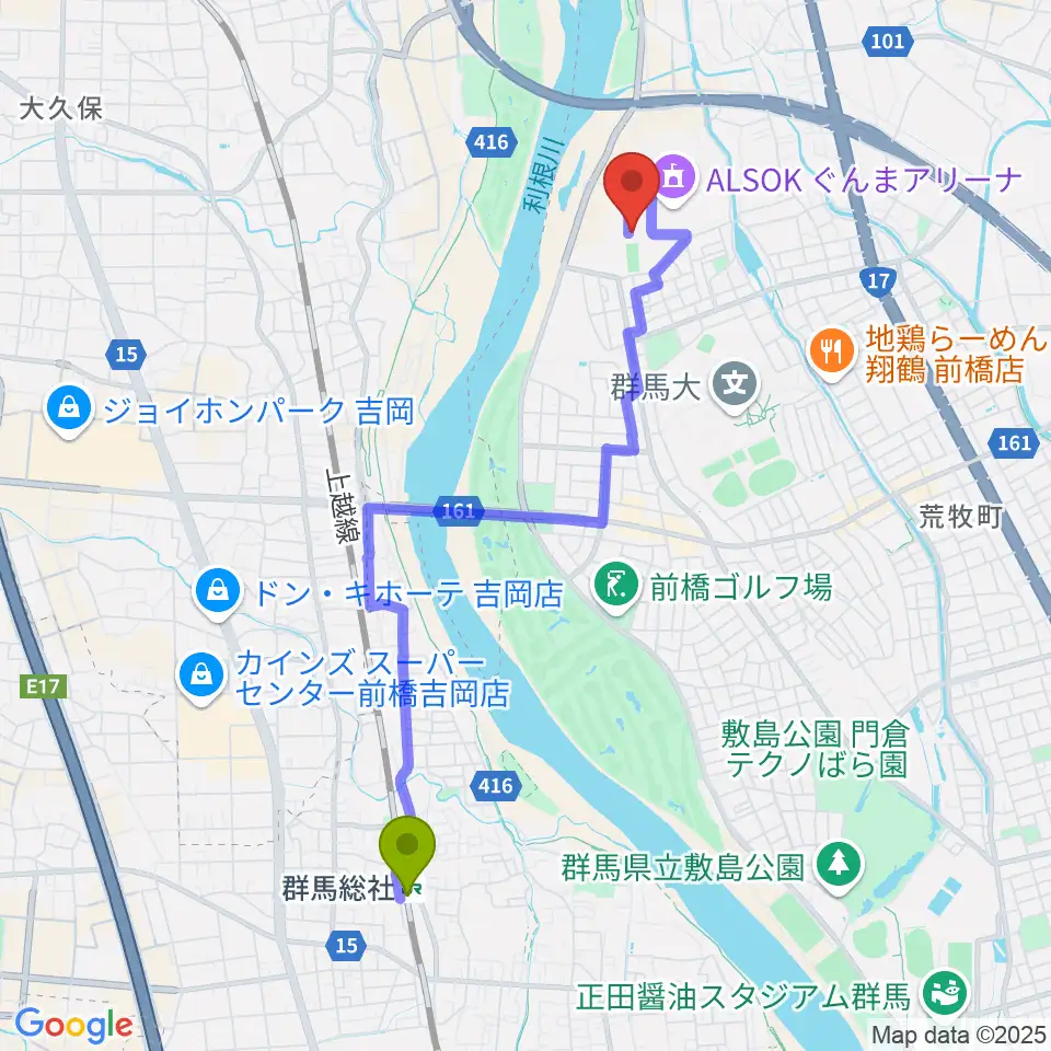 ALSOKぐんまサブアリーナの最寄駅群馬総社駅からの徒歩ルート（約41分）地図