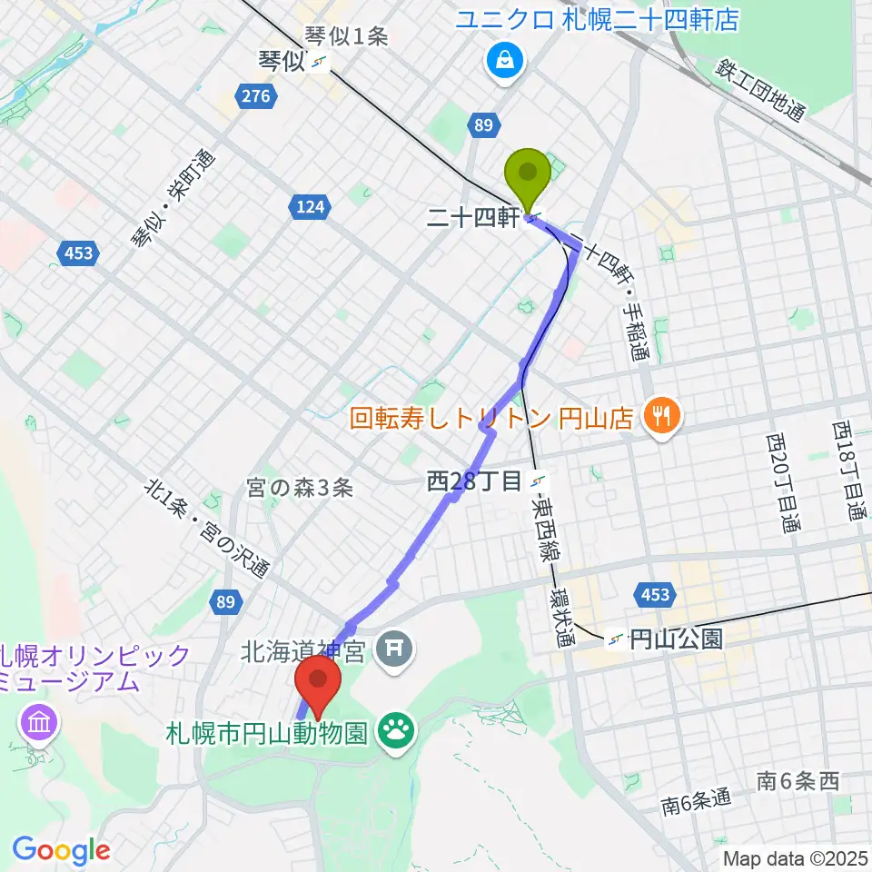 二十四軒駅から札幌市円山競技場へのルートマップ地図
